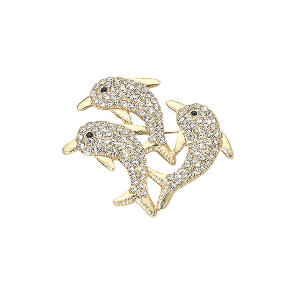 Rhinestone Pave Dolphin Trio Pin Brooches