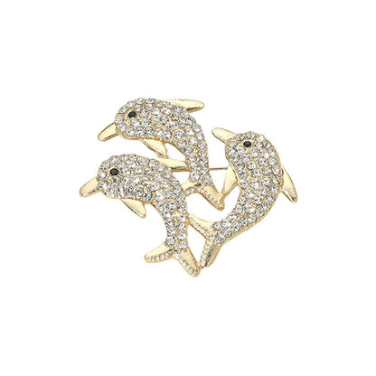 Rhinestone Pave Dolphin Trio Pin Brooches