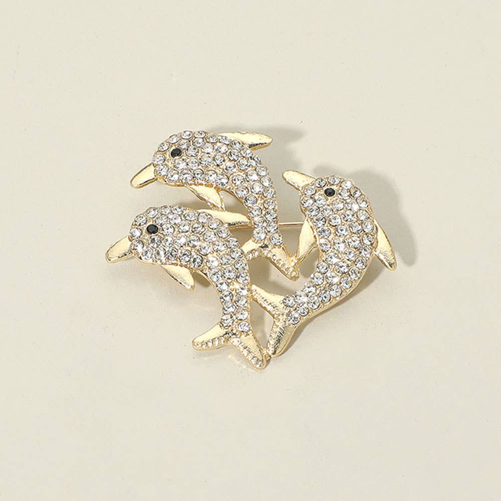 Rhinestone Pave Dolphin Trio Pin Brooches