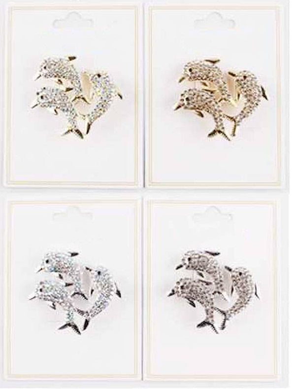 Rhinestone Pave Dolphin Trio Pin Brooches