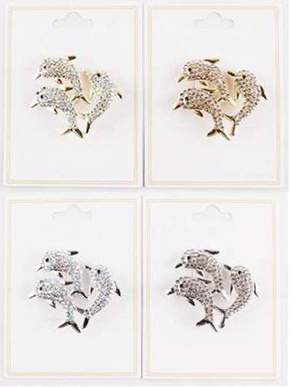 Rhinestone Pave Dolphin Trio Pin Brooches